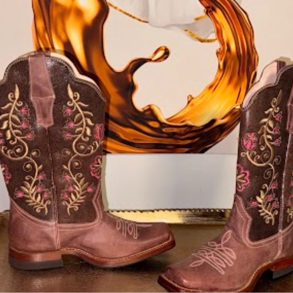 Floral Embroidered Western Boots - Brown and Pink - Picture 5 of 6